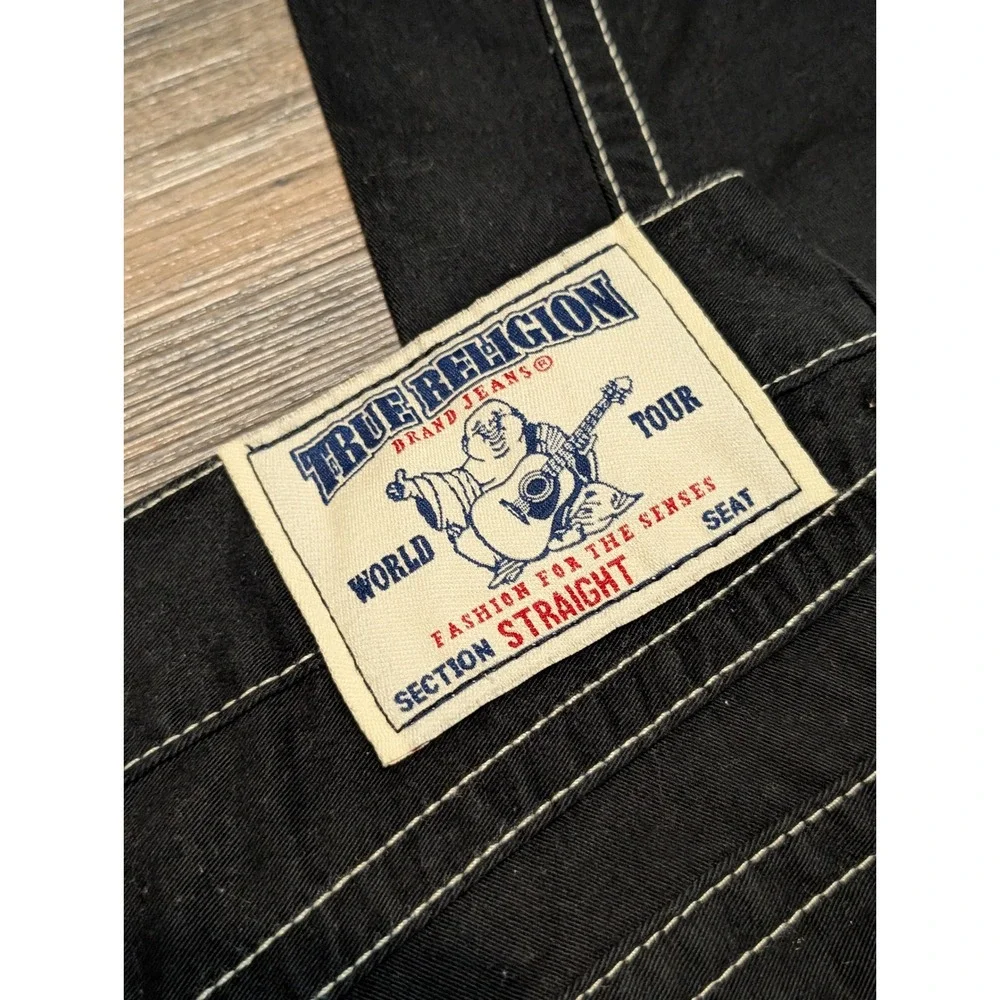 True Religion Basic Straight Black Jeans White Contrast Stitch Flap Pocket 38
